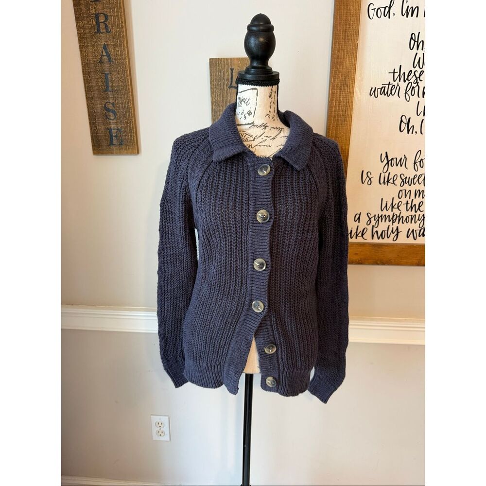 Garnet Hill Navy Chunky Knit Button-Up Cardigan XS